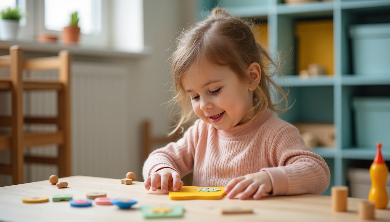 Părinți și copii interacționând într-o sală de clasă Maria Montessori bine echipată, cu materiale specifice.