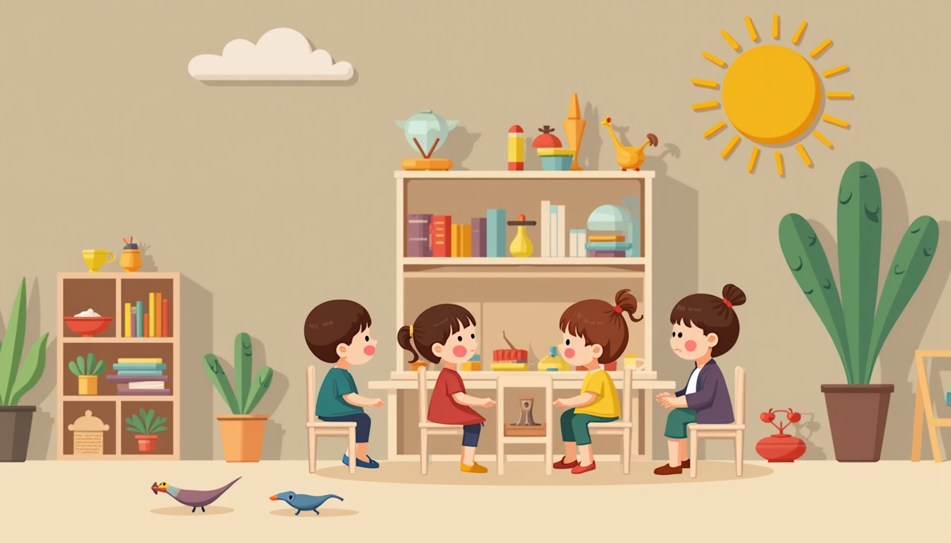 Copii fericiți într-o grădiniță Montessori din Ploiești, explorând materiale educative.