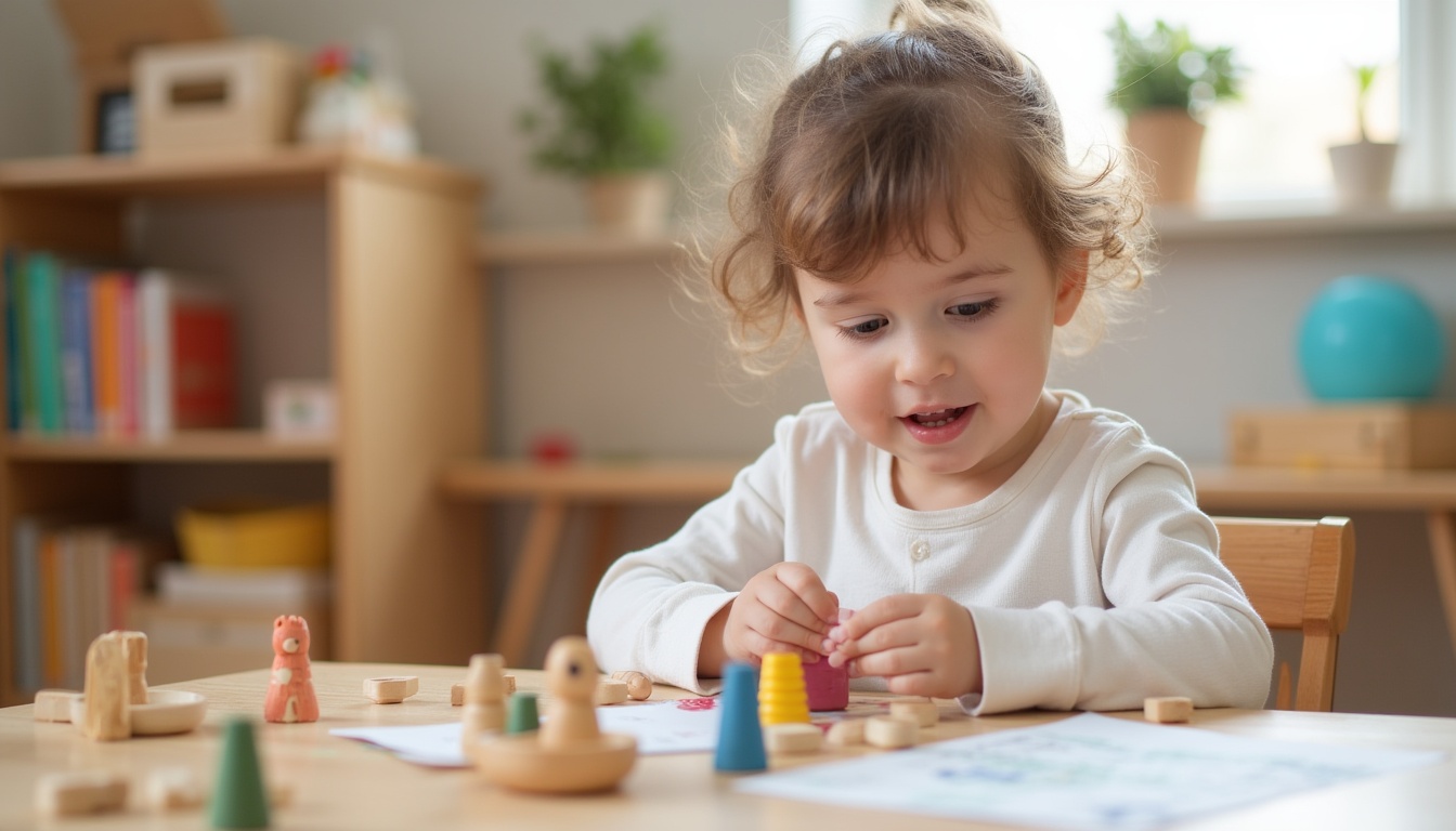 Copii fericiți într-o gradinita Montessori modernă în anul 2026, explorând materiale educaționale