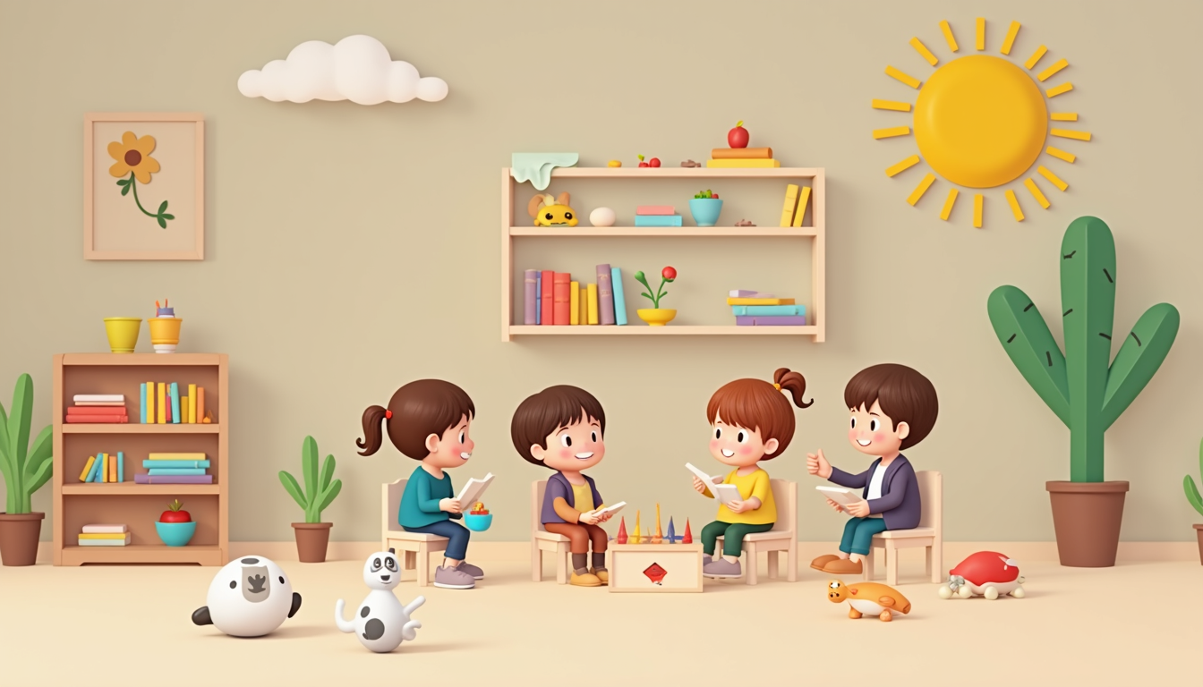 Copii fericiți într-o scoala Montessori, explorând materiale educative.