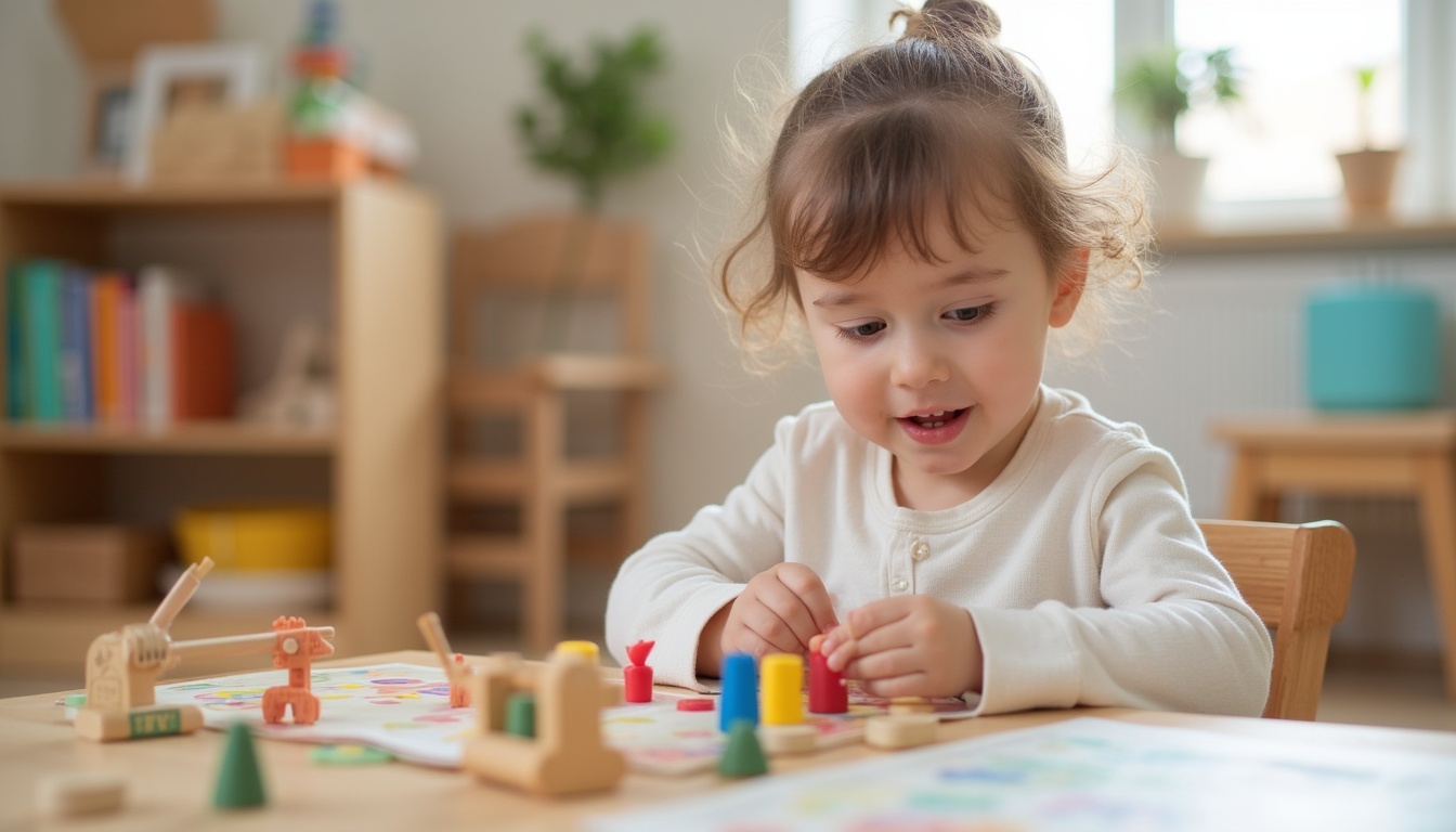 Copii fericiți învățând într-o scoala Montessori, explorând materiale educative.